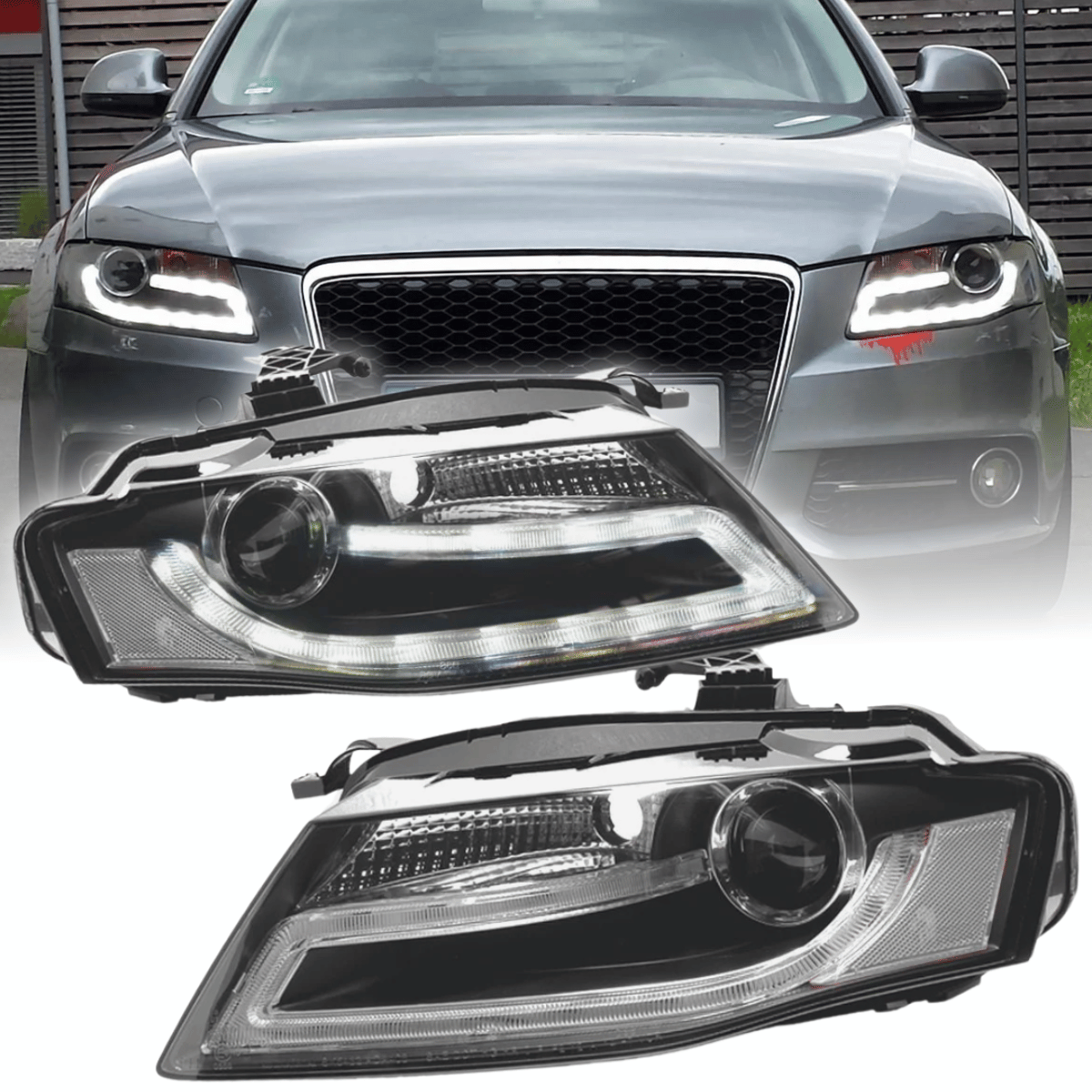 Scheinwerfer für Audi A4 B8 mit LED Light Tube Tagfahrlicht in Schwarz