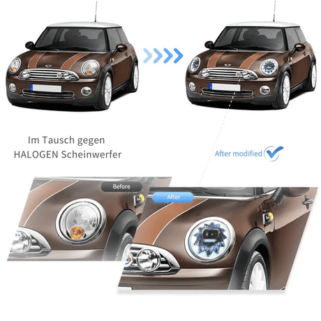 Scheinwerfer Umbau Halogen zu LED, Vorher Nachher Vergleich für Mini Cooper