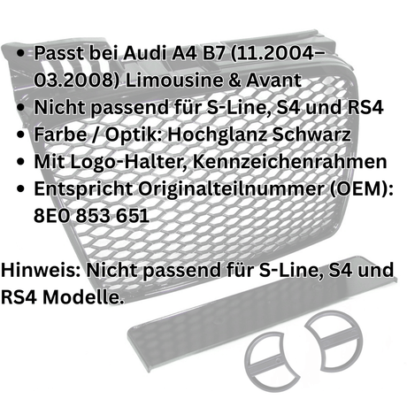 grill schwarz glänzend, mit Kennzeichenrahmen, 8E0 853 651 für Audi A4 B7 Kühler