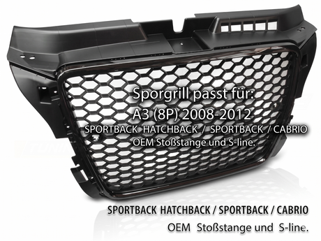 Sportgrill für Audi A3 8P 2008-2012 Sportback Cabrio Stoßstange S-line