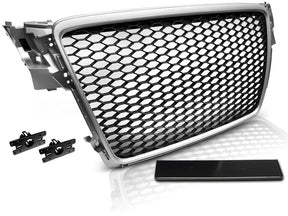 Sportgrill Waben Front Grill Audi A4 B8 2008-2011 silber mit Halterungen und Kennzeichenblende