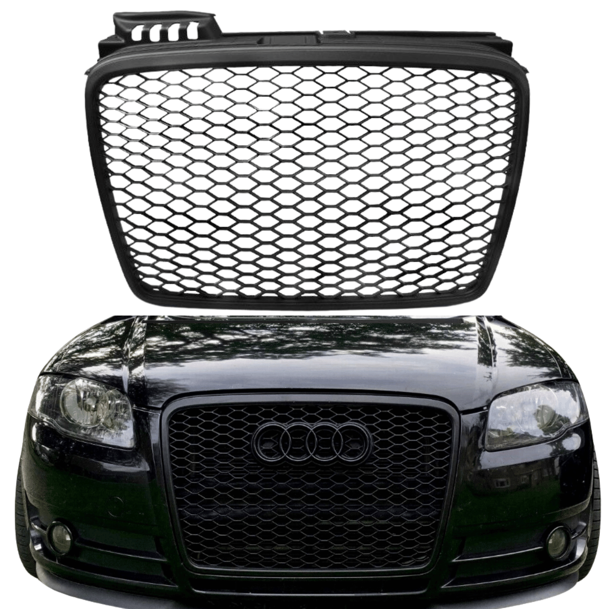 Sportgrill Waben für Audi A4 B7 2004-2009, Gitter schwarz, Kennzeichenhalter