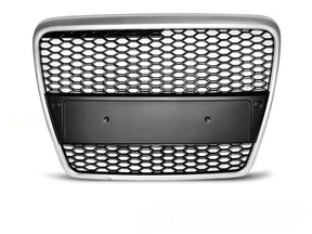 Sportgrill Audi A6 C6 04-08 silber, Frontgrill Wabenmuster mit Kennzeichenhalterung