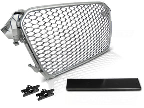 Silberner Sportgrill für Audi A4 B8 11.11-15 mit Wabenmuster, inklusive Halterungen und Kennzeichenblende