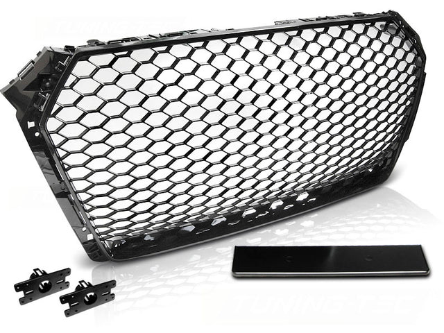 Sportgrill Hochglanz Schwarz Audi A4 B9 2015-2019 Limousine Avant mit PDC-Halterung und Logo-Rahmen