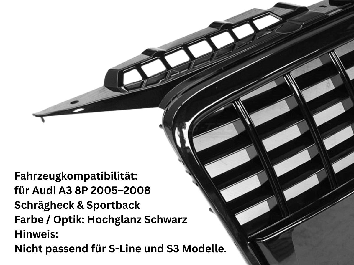 Frontgrill Hochglanz Schwarz Sportgrill für Audi A3 8P 2005–2008 Schrägheck & Sportback – mit Logo-Halter