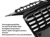 Frontgrill Hochglanz Schwarz Sportgrill für Audi A3 8P 2005–2008 Schrägheck & Sportback – mit Logo-Halter