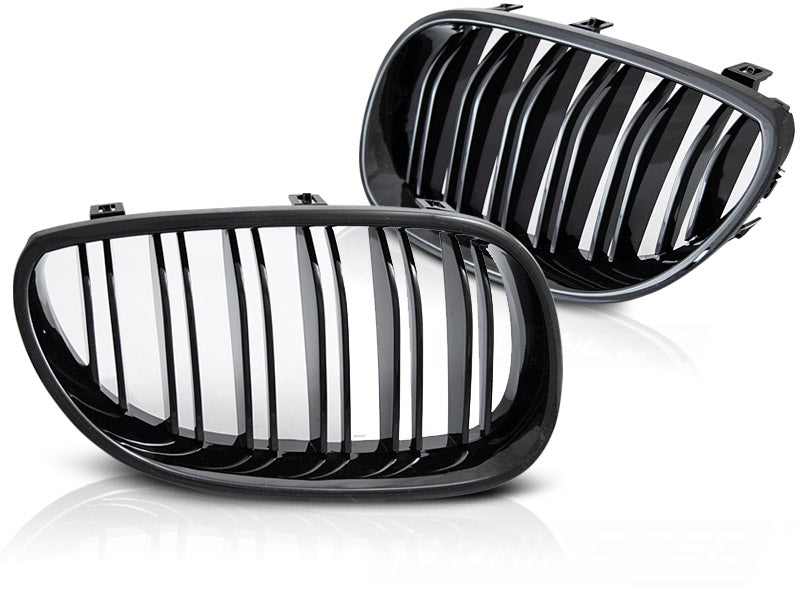 Sport Kühlergrill Nieren Set für BMW 5er E60 E61 Doppelsteg Schwarz glänzend