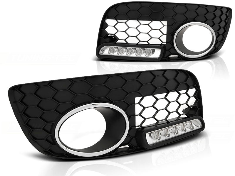 Nebelscheinwerfer Blenden Sport LED Set mit Tagfahrlicht, Wabenmuster und Chromring für Stoßstange für VW Golf 5 GTI