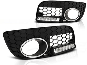 Nebelscheinwerfer Blenden Sport LED Set mit Tagfahrlicht, Wabenmuster und Chromring für Stoßstange für VW Golf 5 GTI