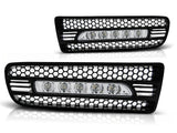 Nebelscheinwerfer Blende Set LED Tagfahrlicht für VW Golf 4 links rechts, schwarzes Wabengitter mit klaren LEDs