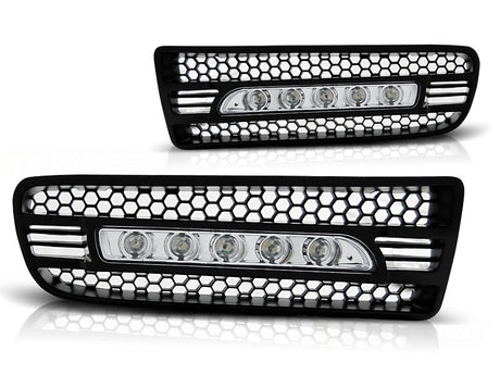 Nebelscheinwerfer Blende Set LED Tagfahrlicht für VW Golf 4 links rechts, schwarzes Wabengitter mit klaren LEDs