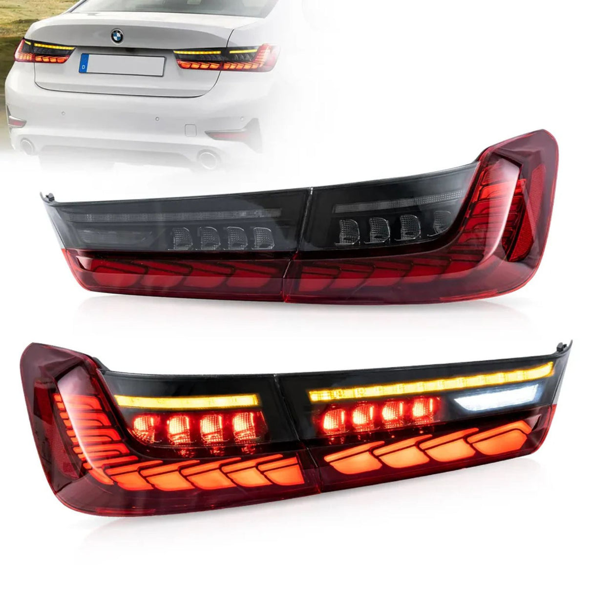 Voll OLED Rückleuchten Set in rot smoke für BMW 3er G20 2019–2022 dynamischer Blinker & Welcome Light