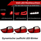 Voll LED Rückleuchten für BMW E90 Facelift 2009-2011: Bremslicht, Standlicht, Rückfahrlicht, dynamischer Blinker