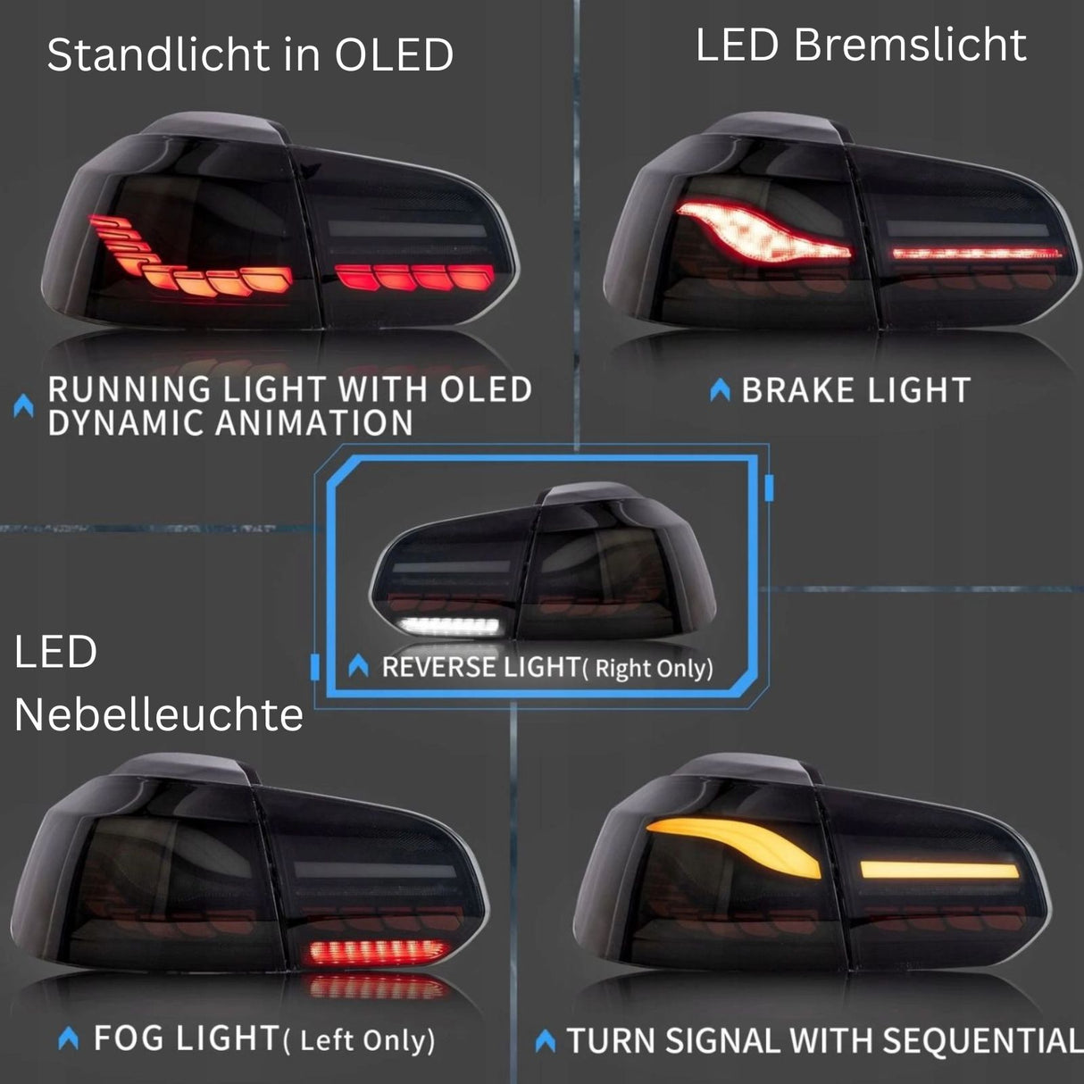 OLED Rückleuchtenset in smoke für VW Golf 6 2008–2013 mit dynamischem LED-Blinker E9 Zulassung