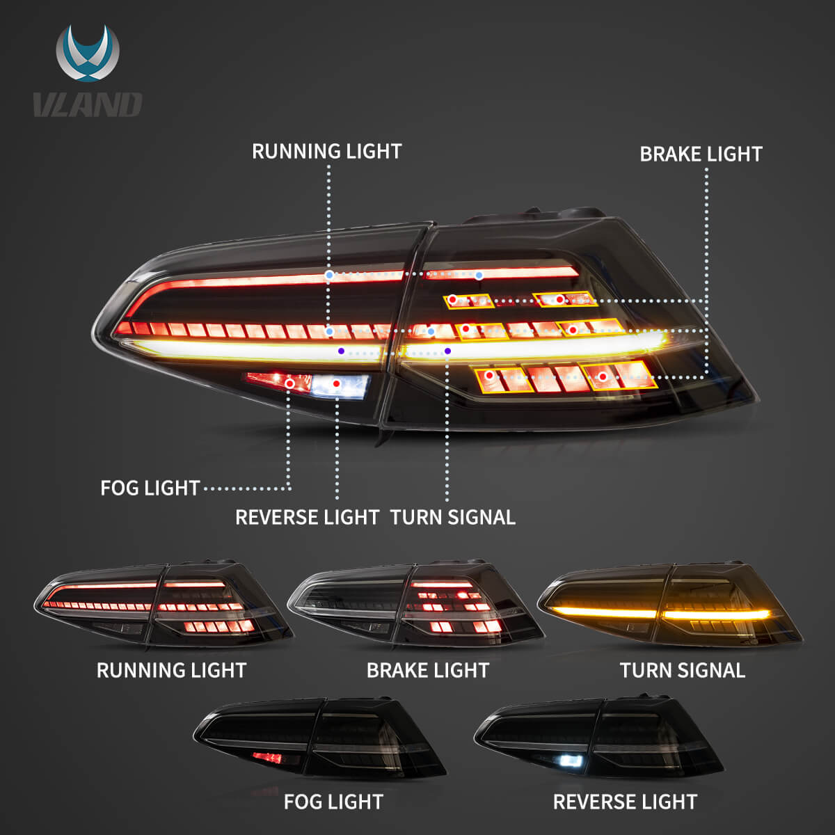 Dynamische LED Rückleuchten in smoke für VW Golf 7 VII 2013-2019