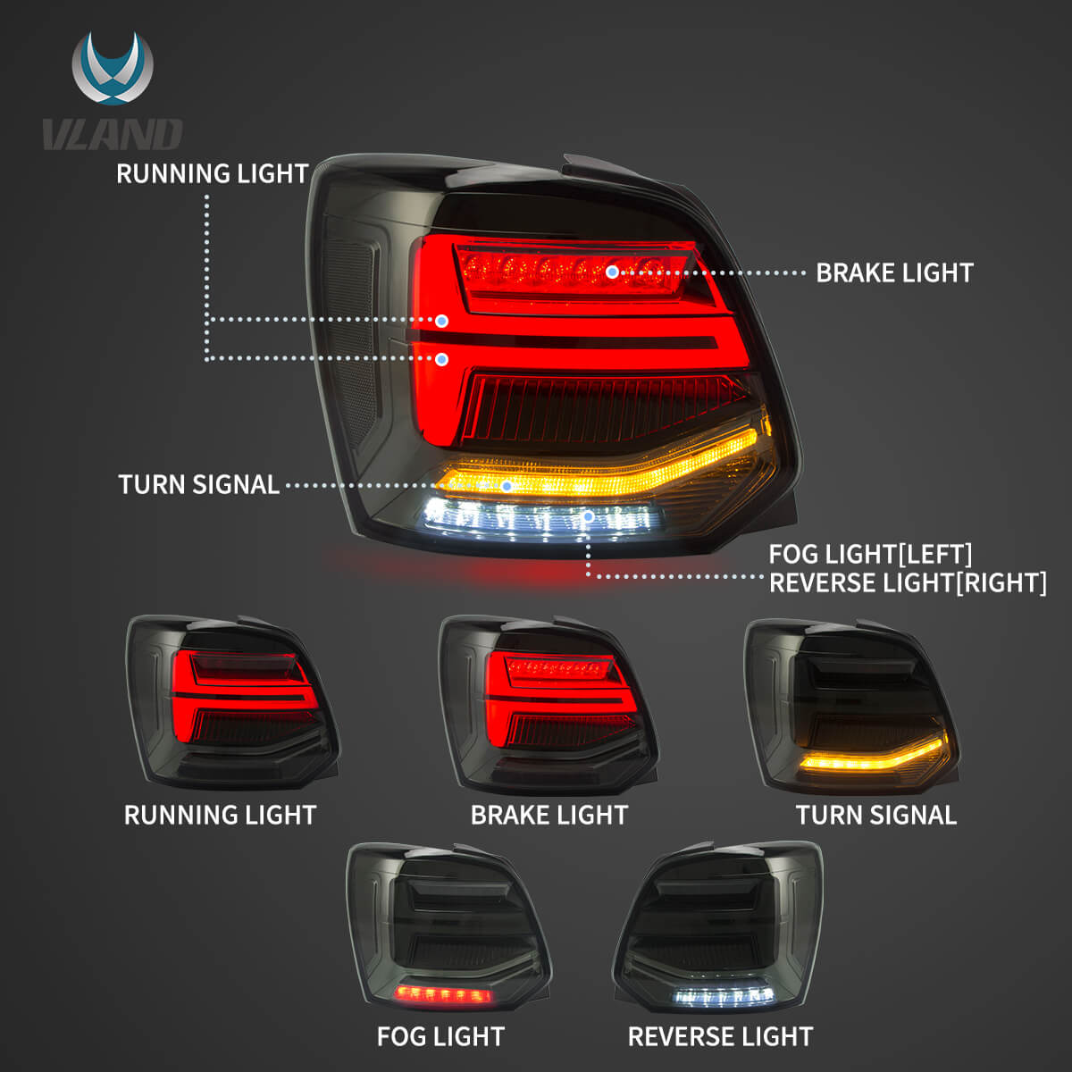 LED Light Bar Rückleuchten Set smoke für VW Polo 2009-2017 dynamische Blinker