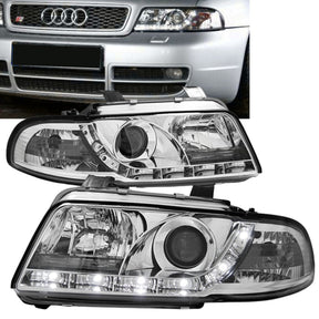LED Scheinwerfer Set Chrom für Audi A4 B5 1995-1998 mit Standlichtleiste, Tuning Scheinwerfer