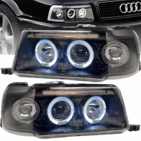 Angel Eyes Scheinwerfer schwarz für Audi 80 B4, LED Tagfahrlicht, Tuning Scheinwerfer