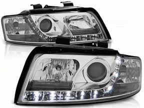 Chrom LED Scheinwerfer für Audi A4 B6 2000-2004, Set mit Tagfahrlicht und Linse