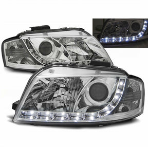 Chrom LED Scheinwerfer Set für Audi A3 8P 05-08 mit Tagfahrlicht-Optik