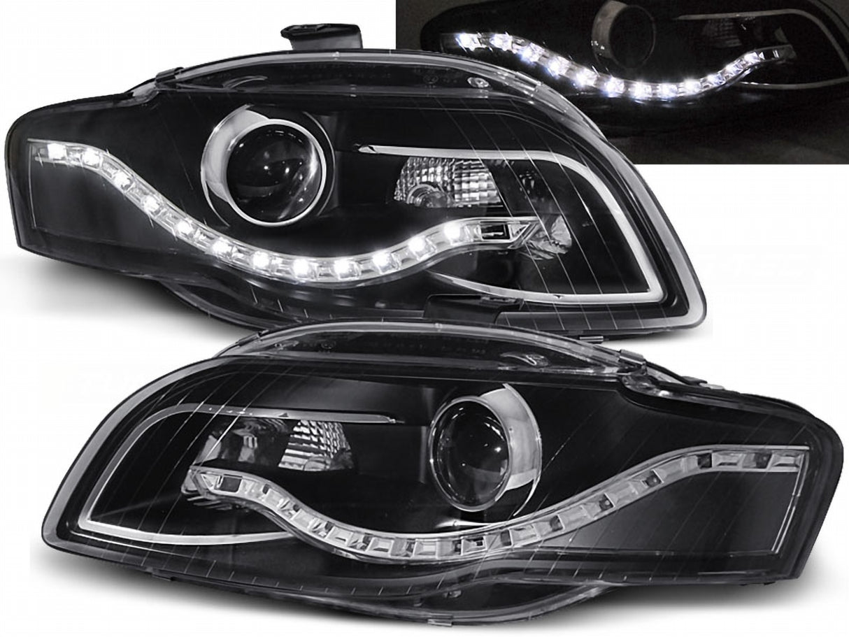Schwarze LED Scheinwerfer für Audi A4 B7 mit Tagfahrlicht-Optik, Tuning Scheinwerfer