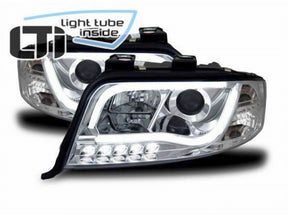 Chrom LED Scheinwerfer mit Light Tube für Audi A6 C5 4B, Tagfahrlicht-Optik