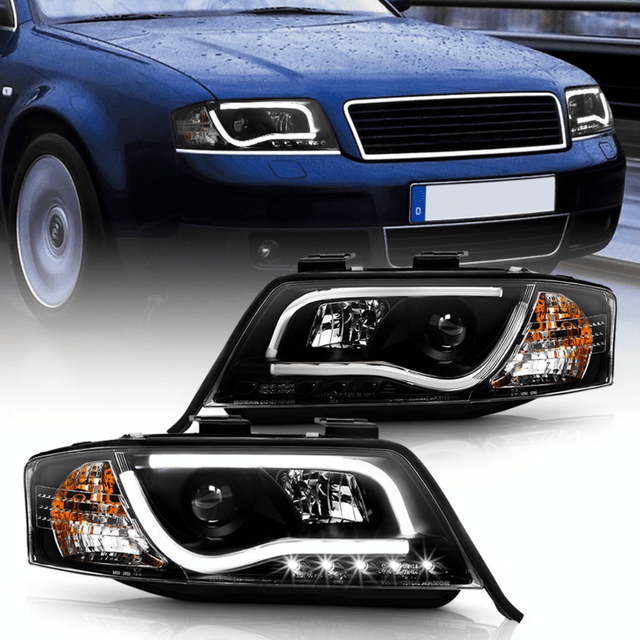 Schwarze LED Scheinwerfer mit Light Tube für Audi A6 C5 4B 97-01, Tuning Scheinwerfer mit Tagfahrlicht-Optik