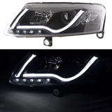 Schwarze LED-Scheinwerfer mit Tagfahrlicht für Audi A4 B8 8K Facelift, Tagfahrlichtstreifen und LED-Positionslicht