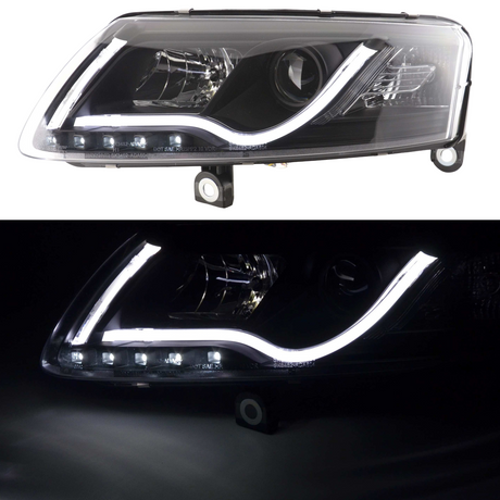 Schwarze LED-Scheinwerfer mit Tagfahrlicht für Audi A4 B8 8K Facelift, Tagfahrlichtstreifen und LED-Positionslicht