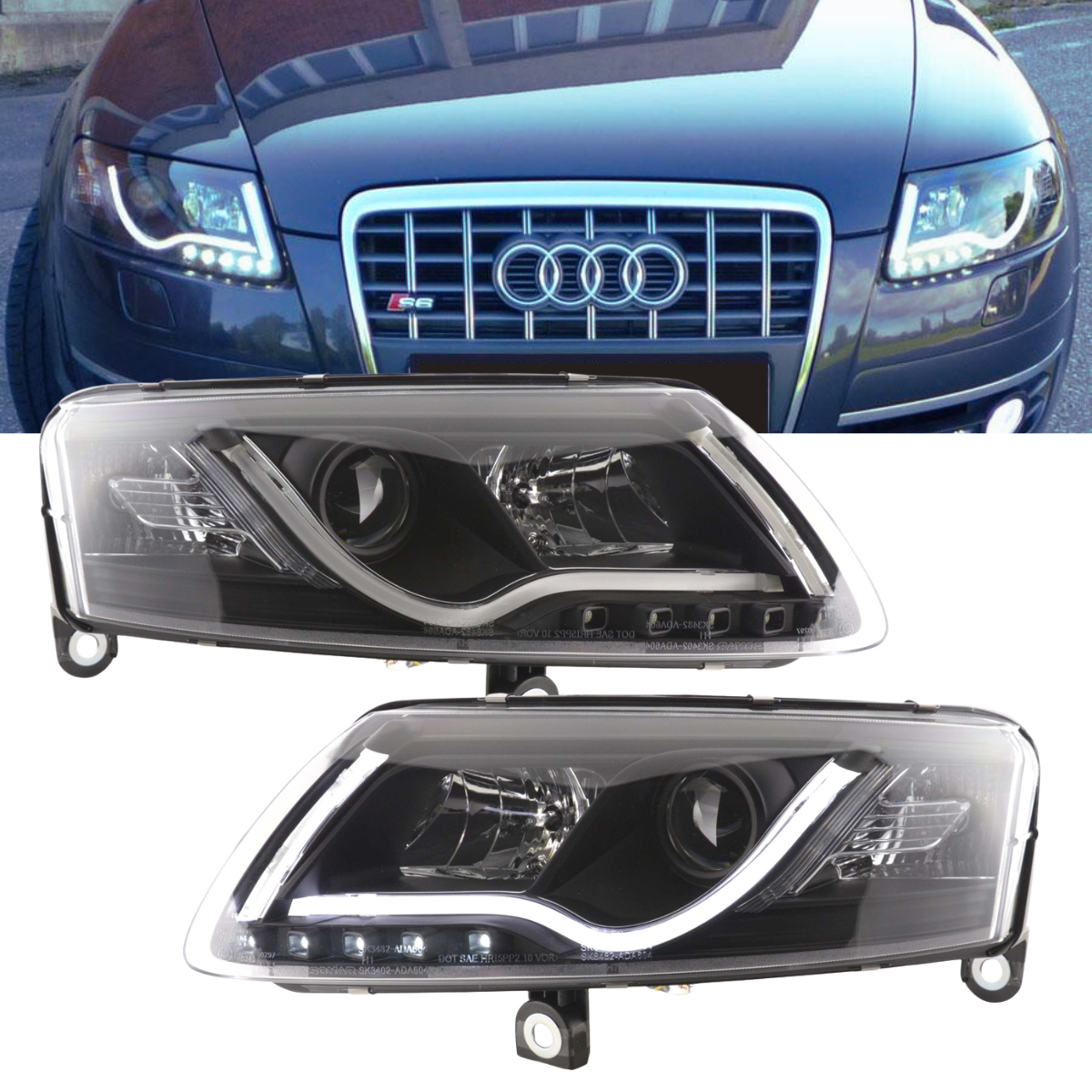 Led Light Tube Scheinwerfer in schwarz für Audi A6 C6 4F 04.2004-2008