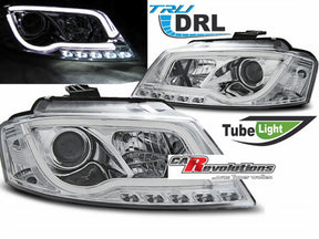 Chrom LED Scheinwerfer Light Tube für Audi A3 8P 2003-2008 mit Tagfahrlicht-Optik