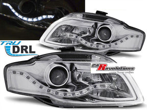 LED Scheinwerfer Set Chrom DRL für Audi A4 B7 11.04-03.08 mit Tagfahrlicht Streifen