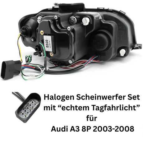 Scheinwerfer Set mit echtem Tagfahrlicht Halogen 2003-2008 CR-Tuning für Audi A3 8P