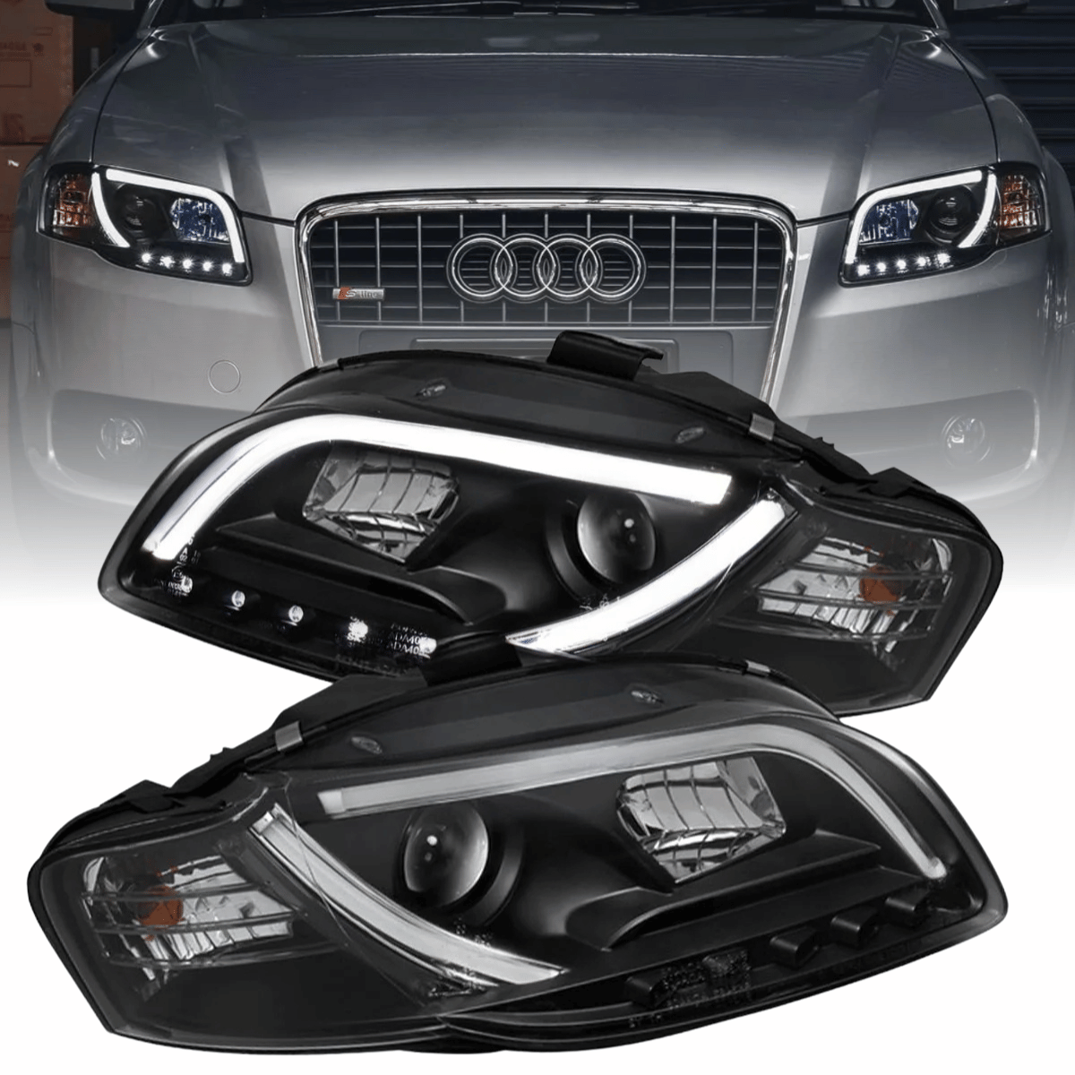 Led Tagfahrlicht Scheinwerfer in schwarz für Audi A4 B7 2004-2008- mit Stellmotor