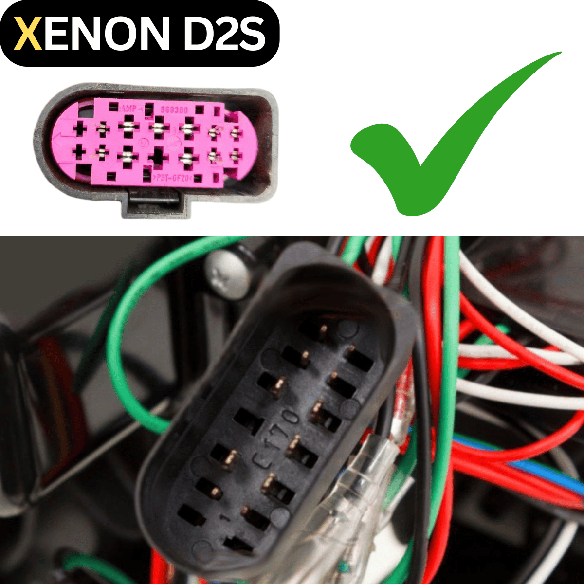 Xenon D2S Brenner Stecker mit Kabelbaum und grünem Haken für KFZ-Tuning und Scheinwerfer