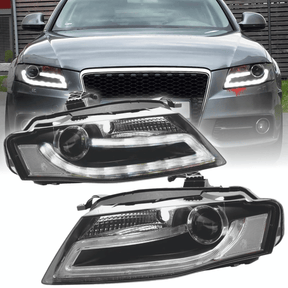 LED Tagfahrlicht Scheinwerfer Set Schwarz Audi A4 B8 2008-2011 mit Tagfahrlicht Streifen