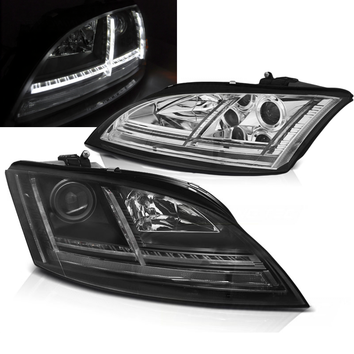 Drei Varianten von Auto-LED-Scheinwerfern mit Chrom- und Schwarzem Gehäuse. Gezeigt bei Tag und Nacht mit markantem L-förmigem LED-Design.