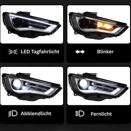 LED LightTube Scheinwerfer Set Schwarz für Audi A3 8V 2012–2016 mit LED Tagfahrlicht - CR Tuning