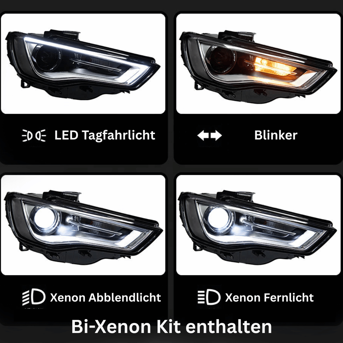 Xenon Nachrüst-Scheinwerfer Set Schwarz für Audi A3 8V 2012–2016 LED Tagfahrlicht