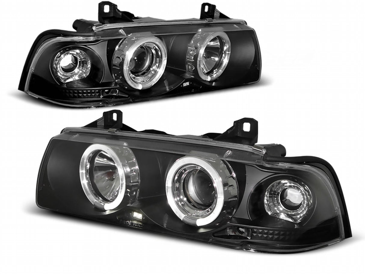LED Angel Eyes Scheinwerfer Set in schwarz für BMW E36 Limo Touring 12.1990-08.1999