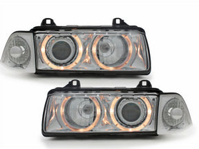 Chrom Scheinwerfer für BMW E36 Limousine 92-98 mit Angel Eyes Ringen