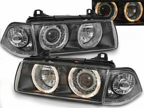 Schwarze Angel Eyes Scheinwerfer für BMW E36 1990-1999, mit Standlichtringen und Blinker