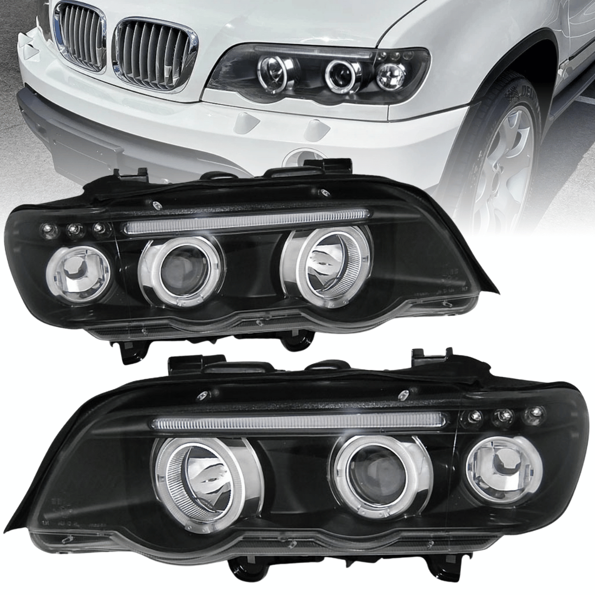 Halogen Angel Eyes Scheinwerfer Set in schwarz für BMW X5 E53 09.1999-10.2003