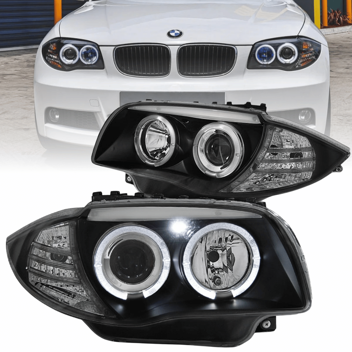 LED Angel Eyes Scheinwerfer Set für BMW 1er E87 E81 E82 E88 2004-2011 schwarz - CR Tuning