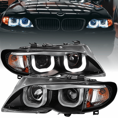 Scheinwerfer schwarz mit 3D Angel Eyes LED-Ringen für Bj 09/01-03/05 für BMW E46 Limo Touring