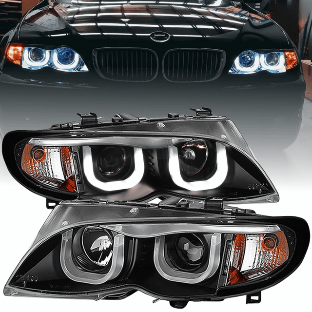 Scheinwerfer schwarz mit 3D Angel Eyes LED-Ringen für Bj 09/01-03/05 für BMW E46 Limo Touring