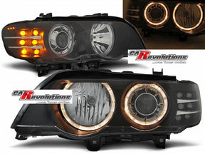 Scheinwerfer schwarz mit LED-Blinker und Standlichtringen für BMW X5 E53