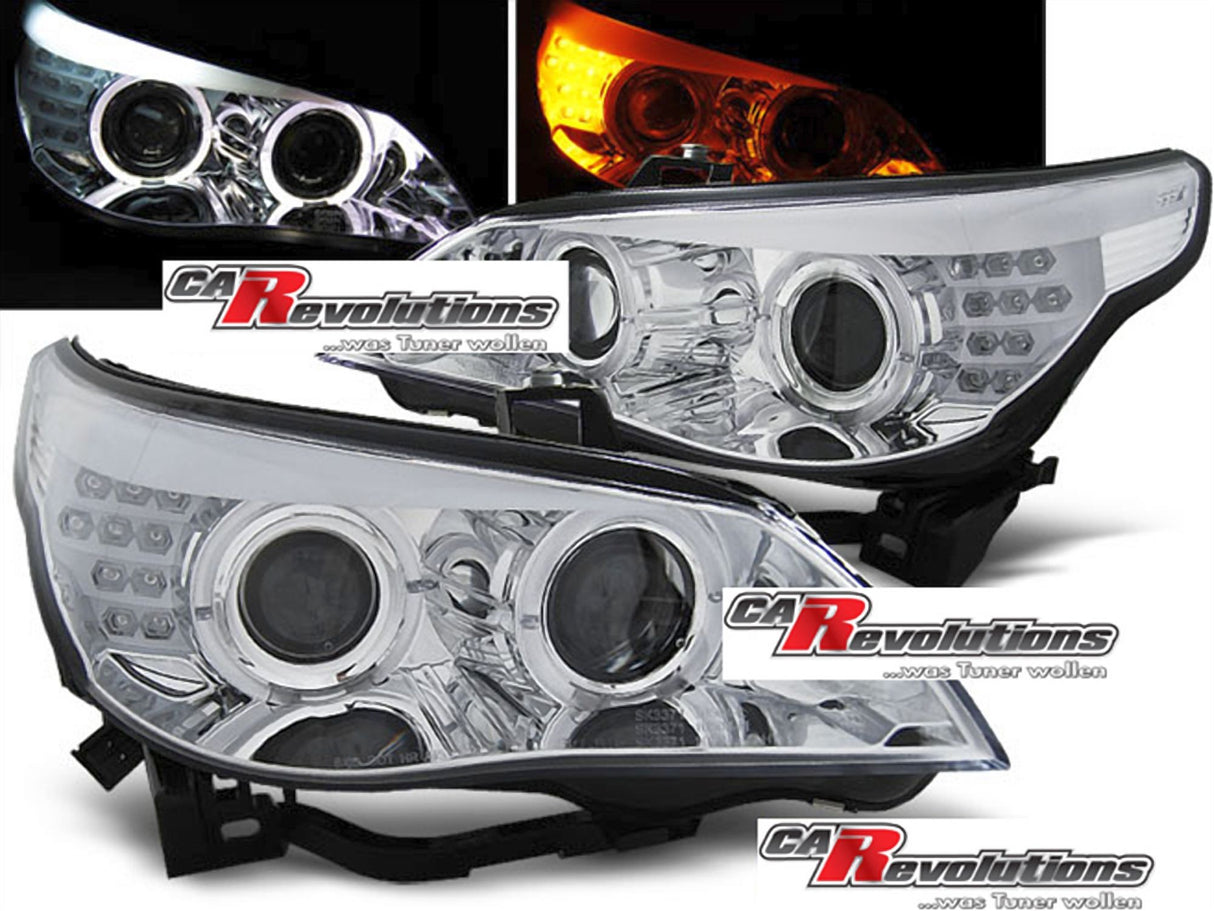 Für BMW E60/E61 03-07 LED Angel Eyes Scheinwerfer chrom mit LED Blinker