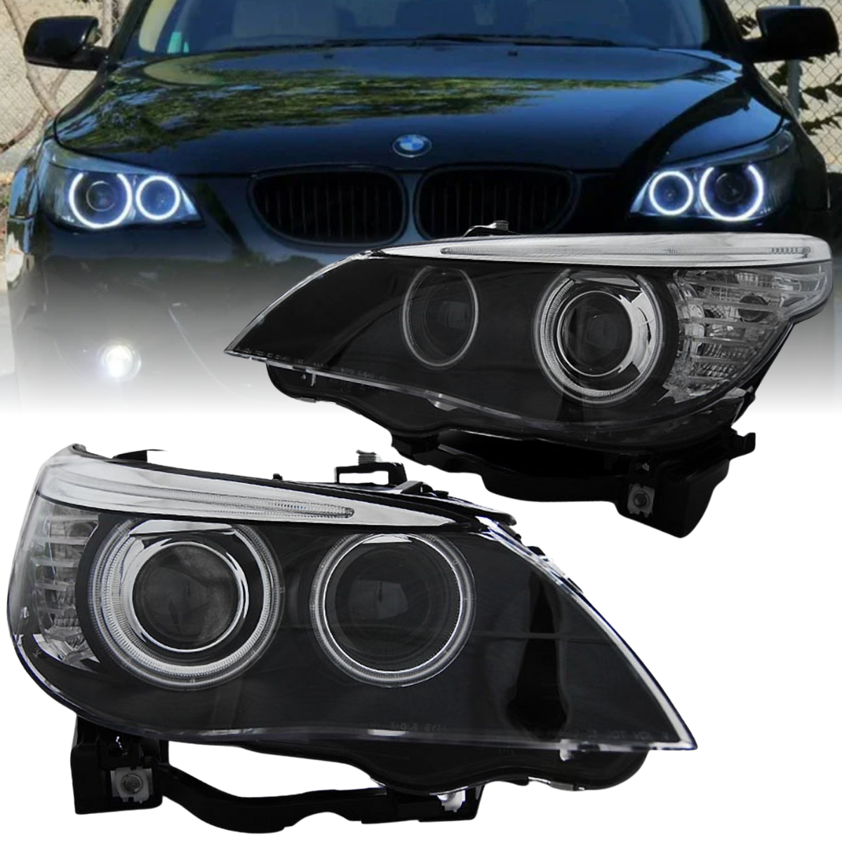 fahrradbeleuchtung xenon CR-Lights Xenon Angel Eyes Scheinwerfer Set für BMW 5er E60 E61 2003–2004  CCFL Schwarz
